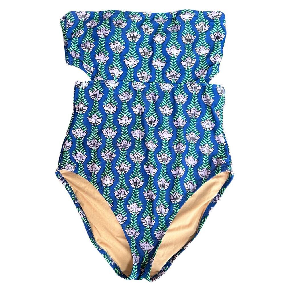 J. Crew Factory Blue Once Piece Cut Out Strapless Swimsuit Size M Flora Bandeau
